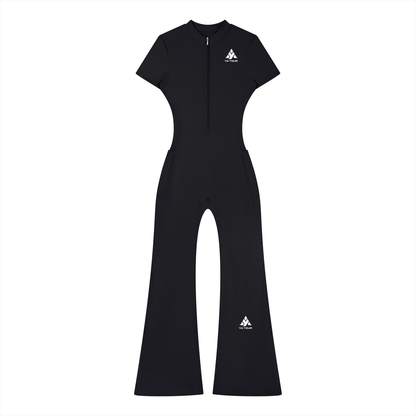 YA TOUR Women's Tight Flared Leg Quarter-Zip Jumpsuit – Black, front view with quarter-zip closure and YA TOUR logo on chest