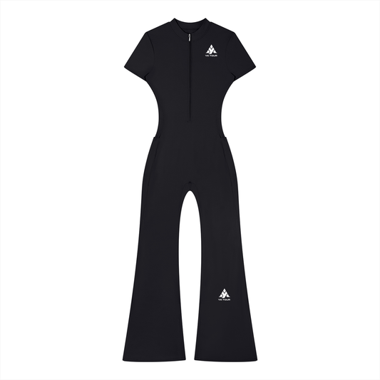YA TOUR Women's Tight Flared Leg Quarter-Zip Jumpsuit – Black, front view with quarter-zip closure and YA TOUR logo on chest