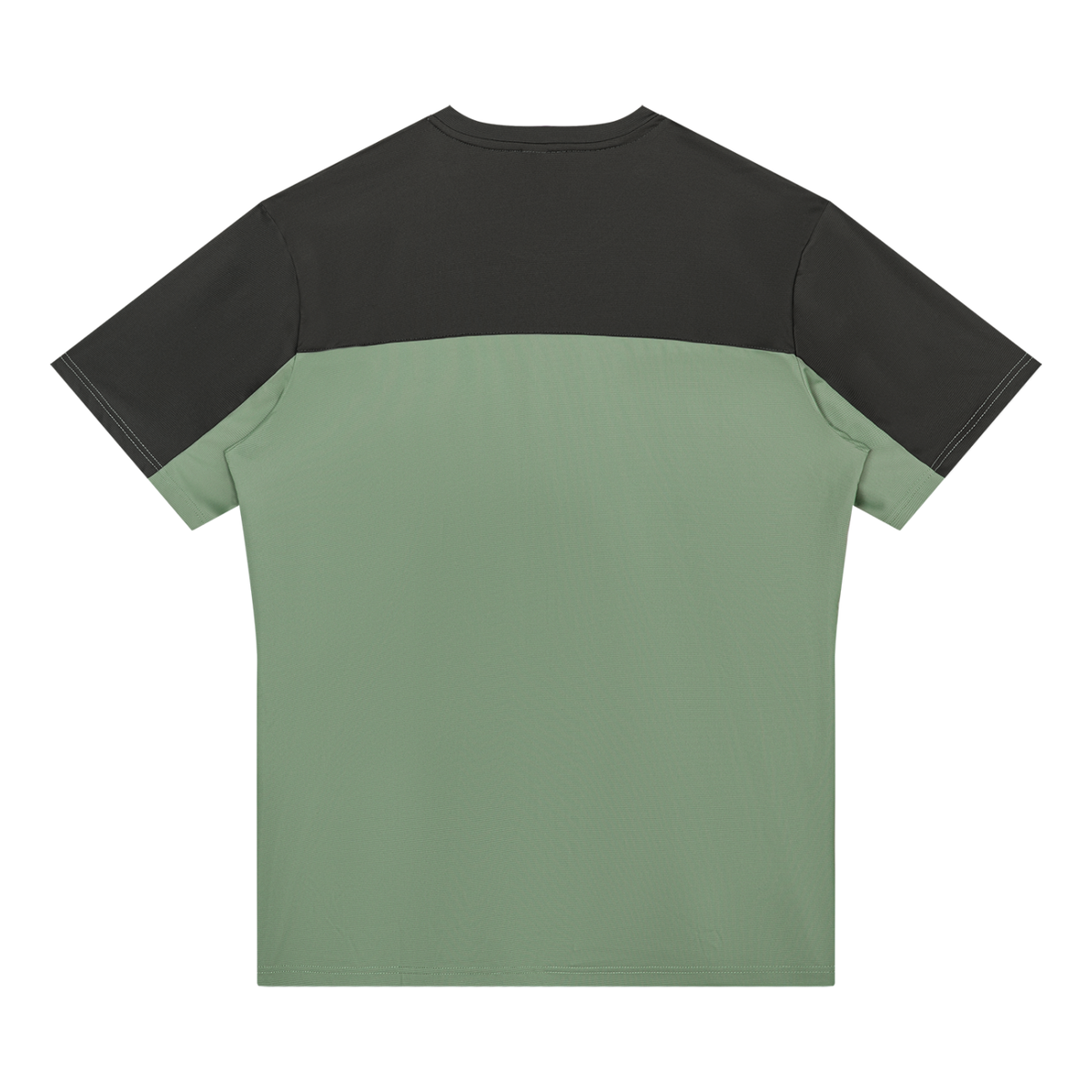 YA TOUR Men's Color Block Performance T-Shirt – Bean Green / Dark Gray, back flat lay showing crew neck, short sleeves with contrast color block panels and clean back construction