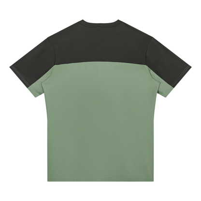 YA TOUR Men's Color Block Performance T-Shirt – Bean Green / Dark Gray, back flat lay showing crew neck, short sleeves with contrast color block panels and clean back construction