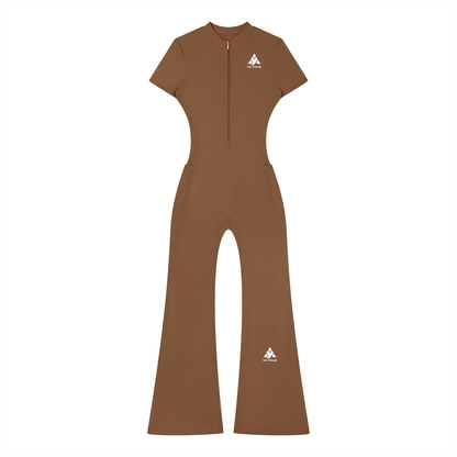 YA TOUR Women's Tight Flared Leg Quarter-Zip Jumpsuit – Brown, front view with quarter-zip closure and YA TOUR logo on chest