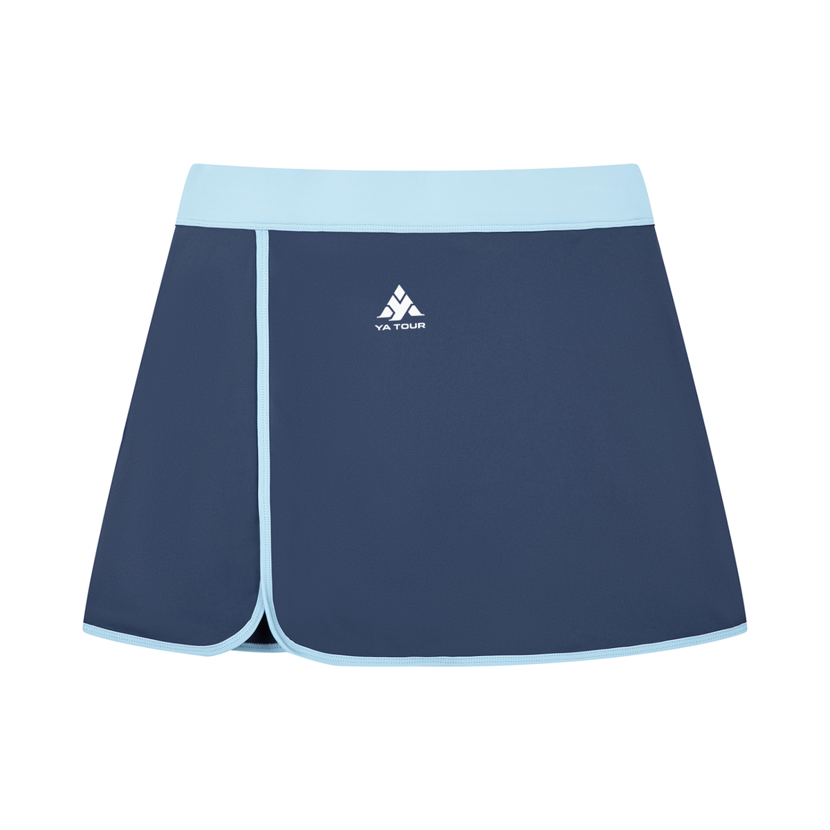 YA TOUR Women's Color Block A-Line Skort navy blue and sky blue — front view showing A-line silhouette and contrast waistband