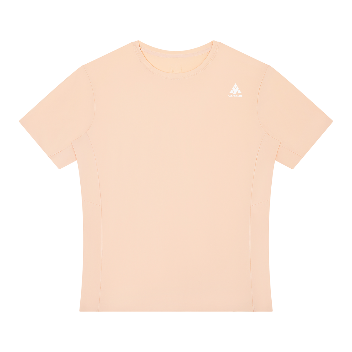 YA TOUR Men's Lightweight Performance T-Shirt – Light Pink, front flat lay showing crewneck, short sleeve and straight hem with logo YA TOUR on the chest