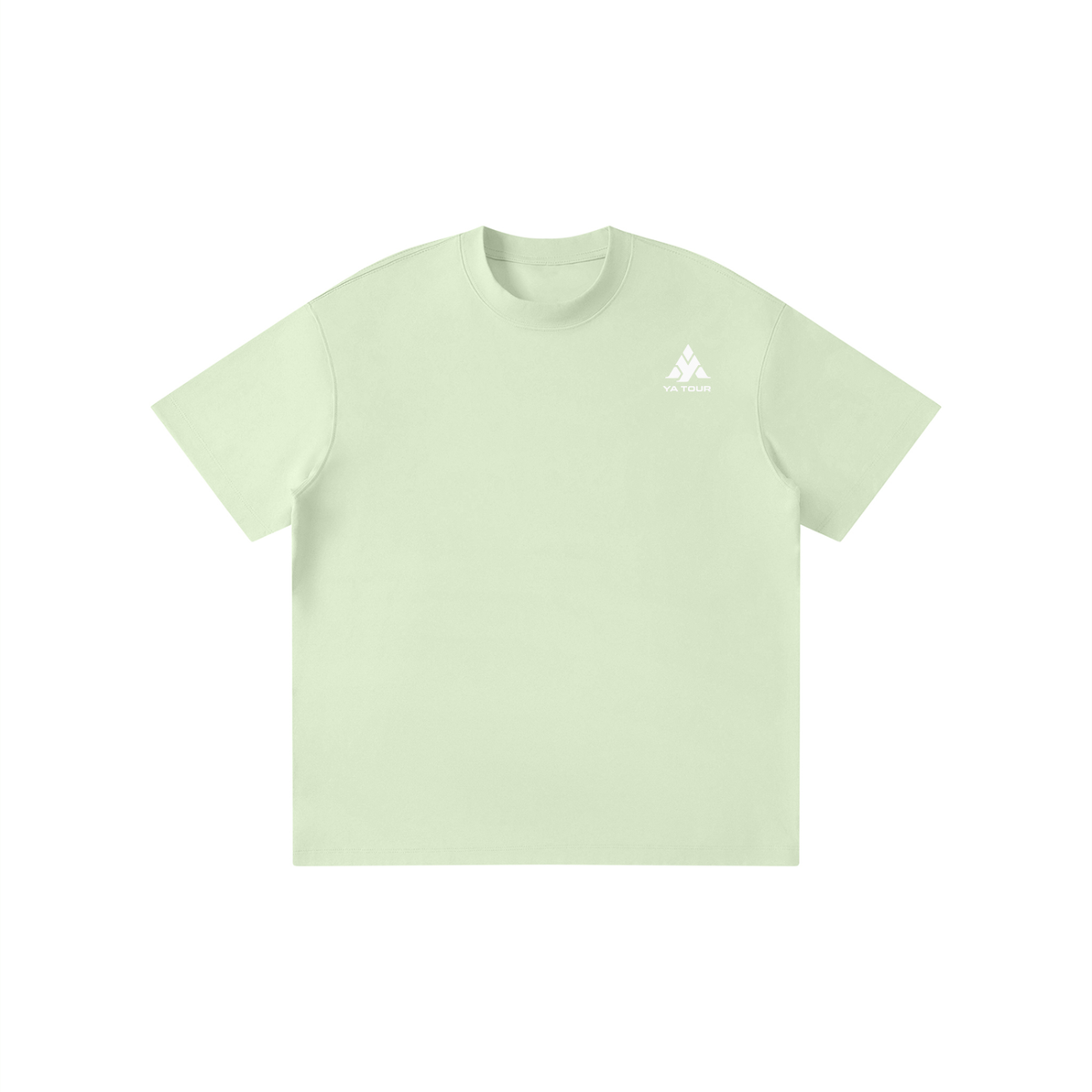 YA TOUR Kid's Solid Crewneck T-Shirt – Mint Green, front flat lay with YA TOUR logo on left chest, drop shoulder crewneck and short sleeves
