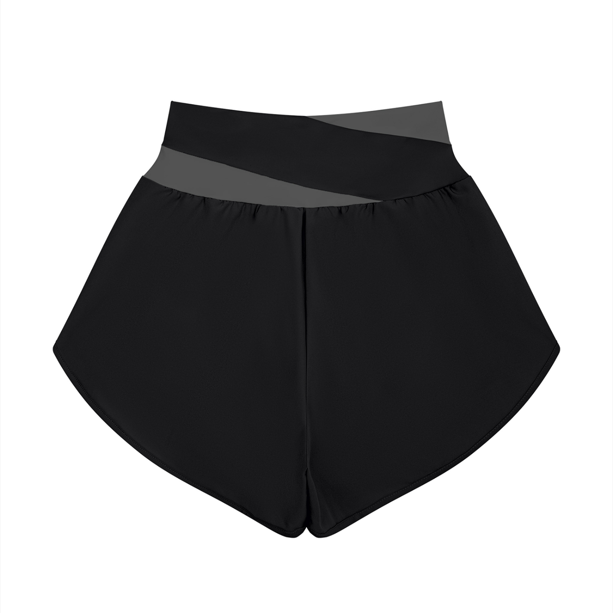 YA TOUR Women's Tennis Panelled Shorts – Black with Dark Gray crossover color block waistband, back flat lay showing high-waist design and curved overlay hem