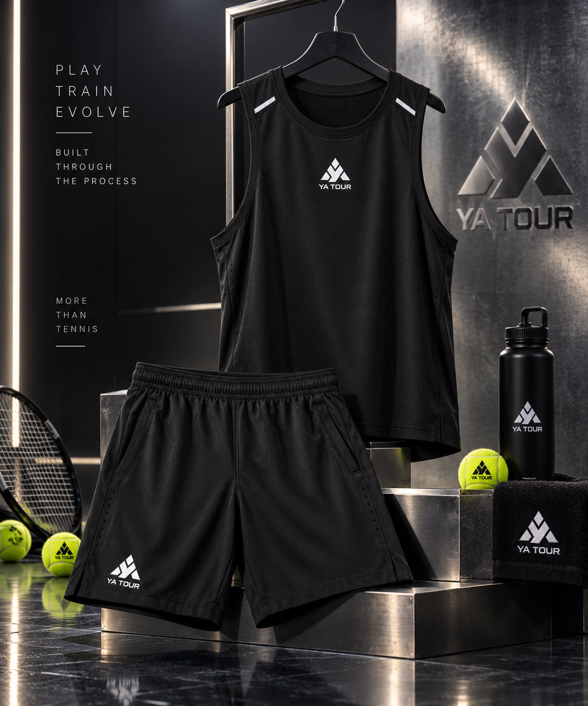YA TOUR Men's Performance Tank Top – Black, editorial studio product display on hanger showing crew neck, sleeveless cut, reflective shoulder strap details and YA TOUR logo on chest in dark metallic studio setting