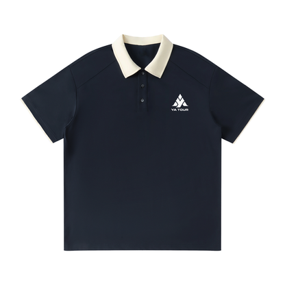 YA TOUR Contrast Collar Raglan Polo Shirt Navy Blue — front view, athletic tennis polo