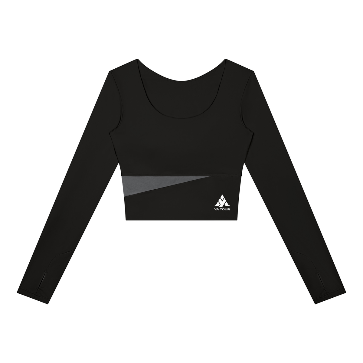 YA TOUR Women's Panelled Long Sleeve Tennis T-Shirt – Black with Dark Gray panel, front flat lay showing U-neck, thumb hole cuffs and YA TOUR logo