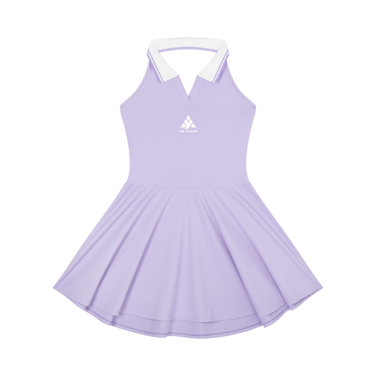 YA TOUR Women's Collared Halter A-Line Tennis Dress purple — front view with white collared neckline and A-line pleated skirt