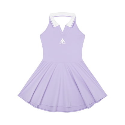 YA TOUR Women's Collared Halter A-Line Tennis Dress purple — front view with white collared neckline and A-line pleated skirt
