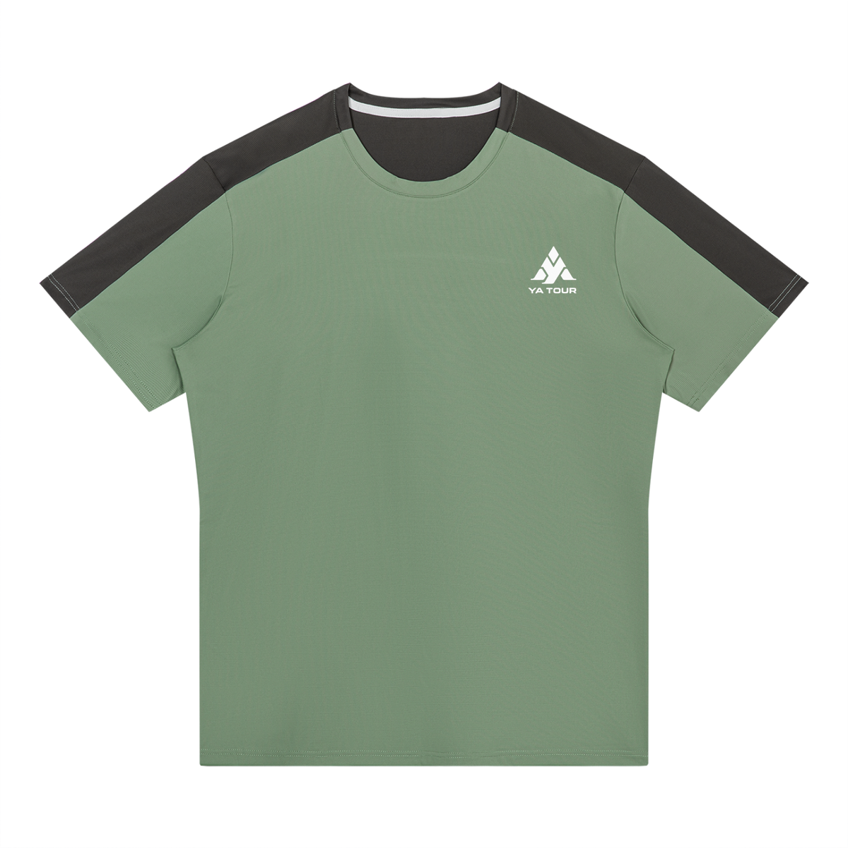 YA TOUR Men's Color Block Performance T-Shirt – Bean Green / Dark Gray, front flat lay showing crew neck, short sleeves with contrast color block panels and YA TOUR logo on chest
