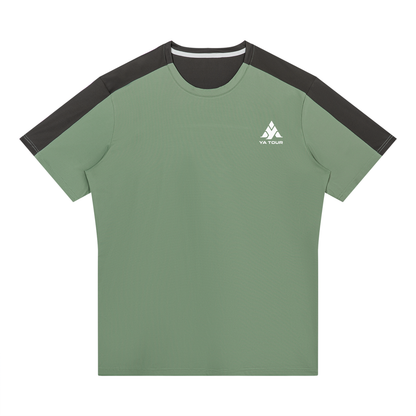 YA TOUR Men's Color Block Performance T-Shirt – Bean Green / Dark Gray, front flat lay showing crew neck, short sleeves with contrast color block panels and YA TOUR logo on chest