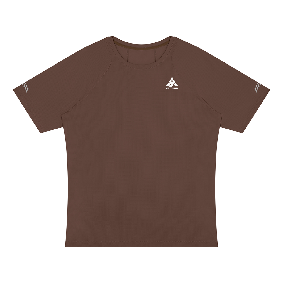 YA TOUR Men's Reflective Raglan T-Shirt – Coffee, flat lay front view with logo