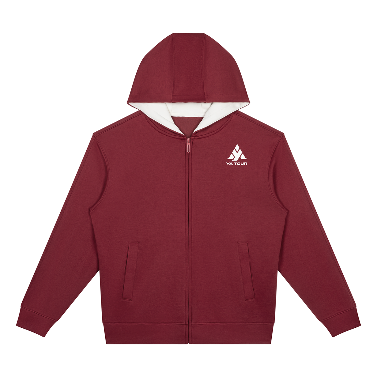 YA TOUR Drop Shoulder Full Zip Hoodie – Red, front view showing drop shoulder construction, full-zip closure, hood and long sleeves with YA TOUR logo on chest