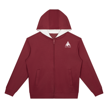 YA TOUR Drop Shoulder Full Zip Hoodie – Red, front view showing drop shoulder construction, full-zip closure, hood and long sleeves with YA TOUR logo on chest