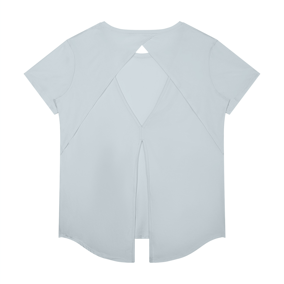 YA TOUR Women's Raglan Training T-Shirt – Gray Blue, flat lay back view showing geometric open back cutout