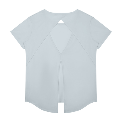 YA TOUR Women's Raglan Training T-Shirt – Gray Blue, flat lay back view showing geometric open back cutout