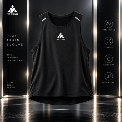 YA TOUR Men's Performance Tank Top – Black, hero product shot showing crew neck, sleeveless cut, perforated side ventilation panels, reflective shoulder strap details and YA TOUR logo on chest, with Breathable, Stretch, Quick Dry and Lightweight performance icons in dark metallic studio setting