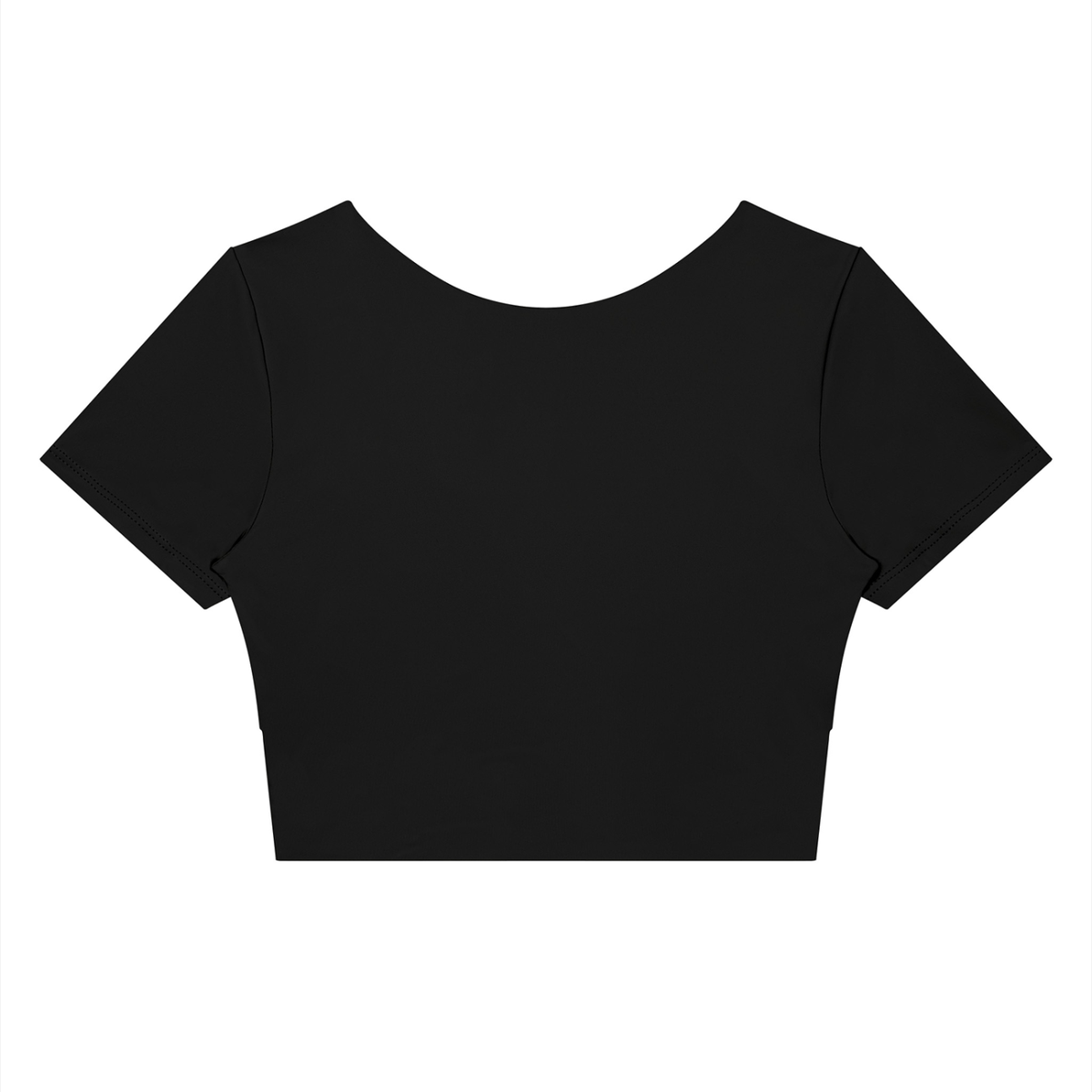 YA TOUR Women's Panelled Crop Tennis T-Shirt – Black with Dark Gray, back flat lay showing U-back neckline and crop length silhouette