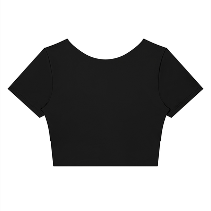 YA TOUR Women's Panelled Crop Tennis T-Shirt – Black with Dark Gray, back flat lay showing U-back neckline and crop length silhouette