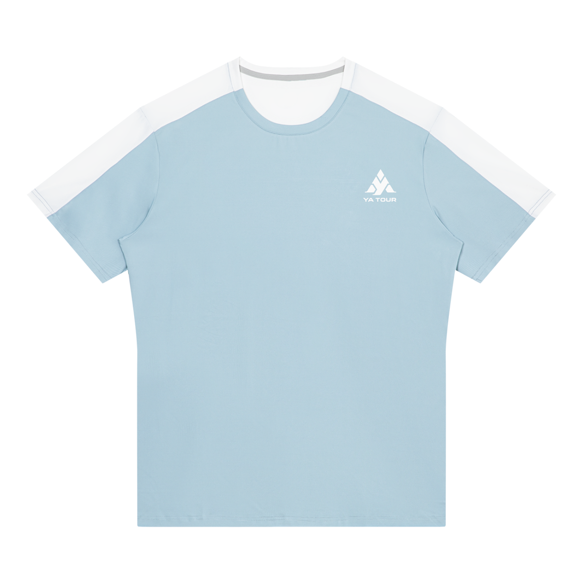 YA TOUR Men's Color Block Performance T-Shirt – Light Blue / White, front flat lay showing crew neck, short sleeves with contrast color block panels and YA TOUR logo on chest
