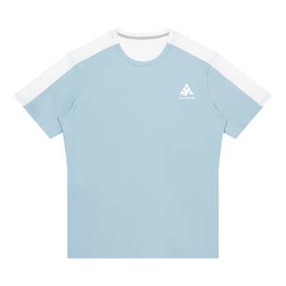 YA TOUR Men's Color Block Performance T-Shirt – Light Blue / White, front flat lay showing crew neck, short sleeves with contrast color block panels and YA TOUR logo on chest