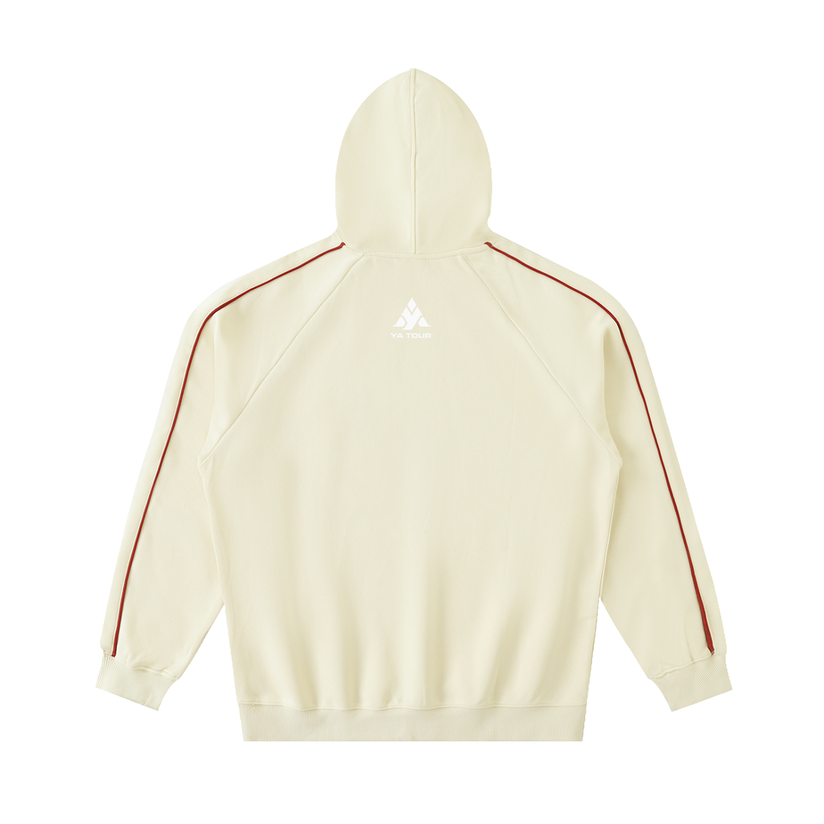 YA TOUR Contrast Piping Raglan Hoodie apricot — back view showing contrast piping along raglan seams and YA TOUR logo