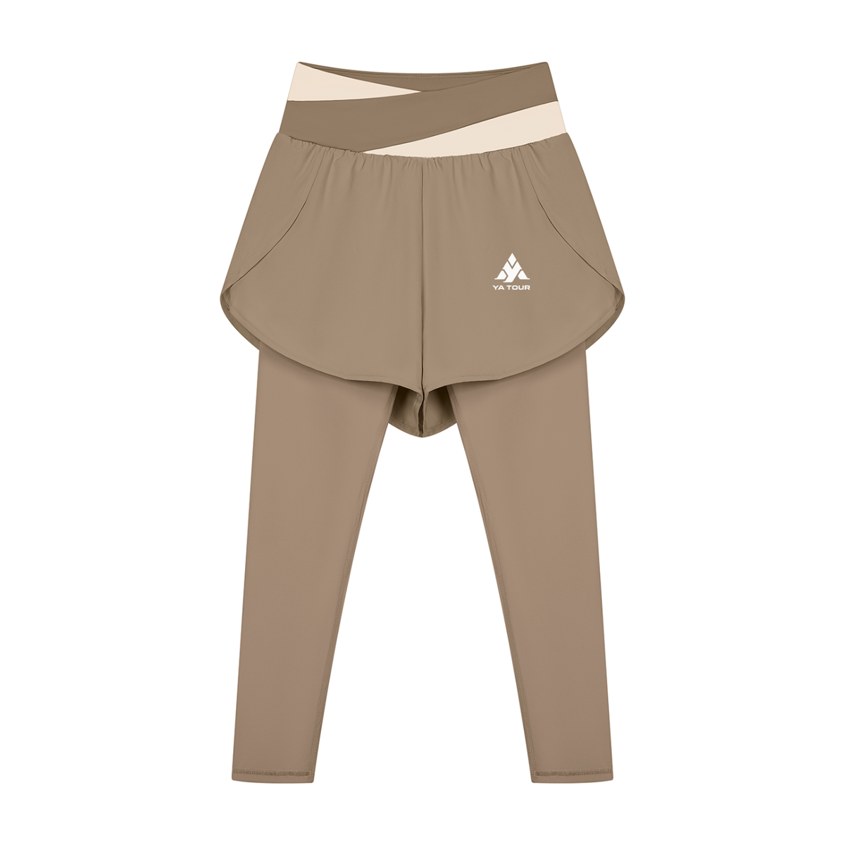 YA TOUR Women's Paneled High Waisted Shorts – Dark Gray with Bean Green, front view with logo YA TOUR