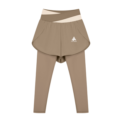 YA TOUR Women's Paneled High Waisted Shorts – Dark Gray with Bean Green, front view with logo YA TOUR