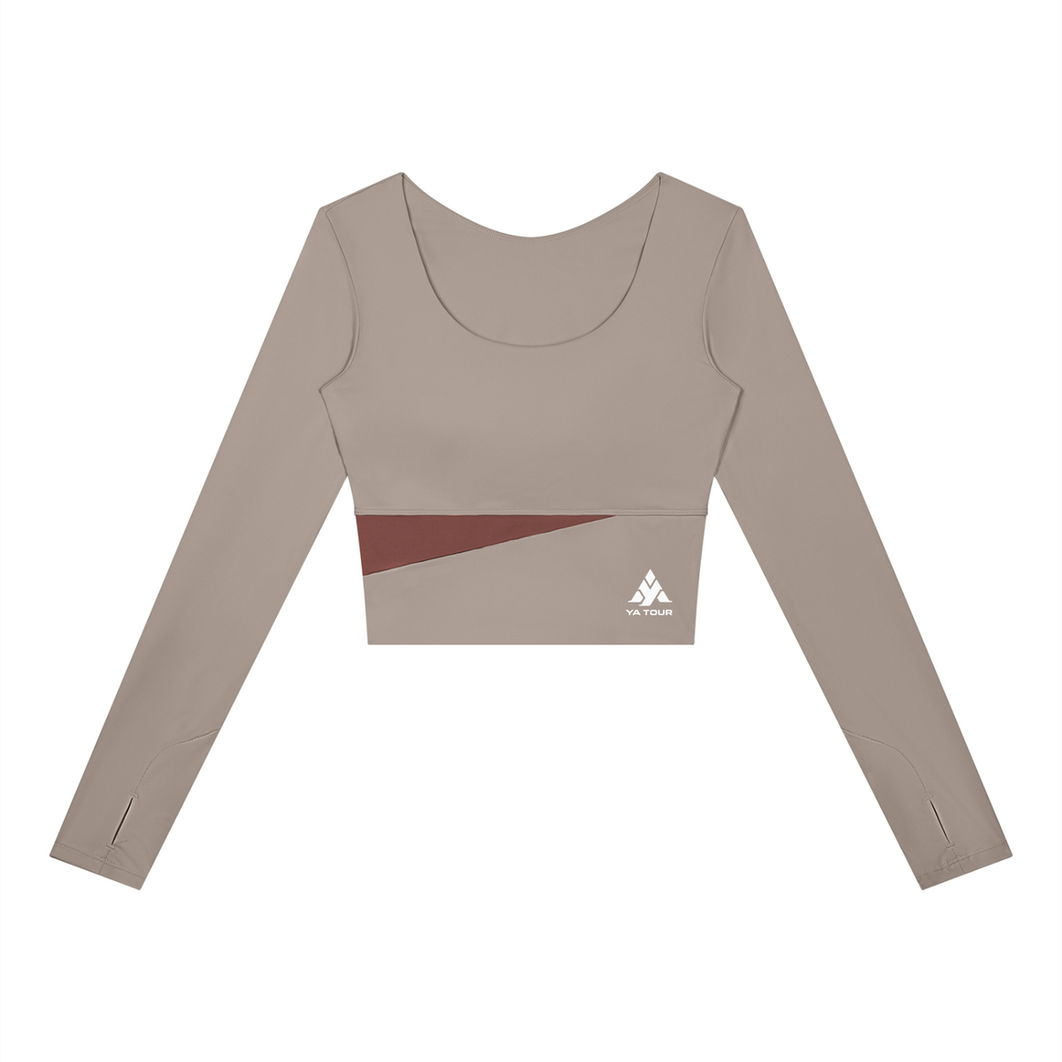 YA TOUR Women's Panelled Long Sleeve Tennis T-Shirt – Gray Purple with Misty Purple panel, front flat lay showing U-neck, thumb hole cuffs and YA TOUR logo