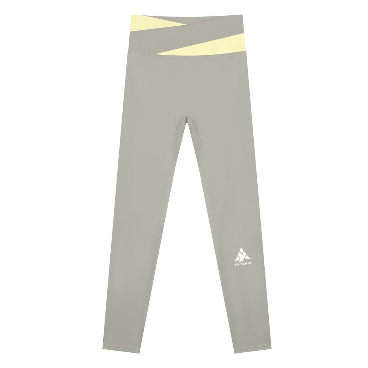 YA TOUR Women's Color Block Tennis Leggings – Light Gray with Light Yellow color block waistband, front flat lay showing high-waist design and YA TOUR logo on leg