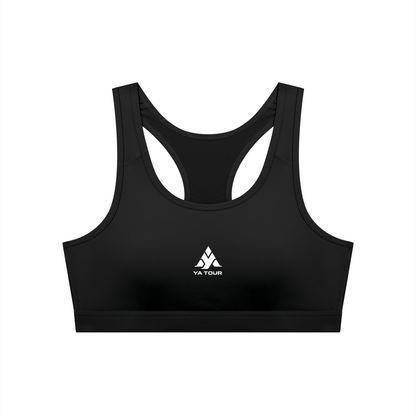 YA TOUR Women's Cropped Sports Bra in Black — front view, athletic tennis training