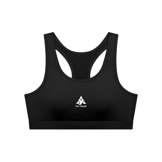 YA TOUR Women's Cropped Sports Bra – Black, front view with YA TOUR logo