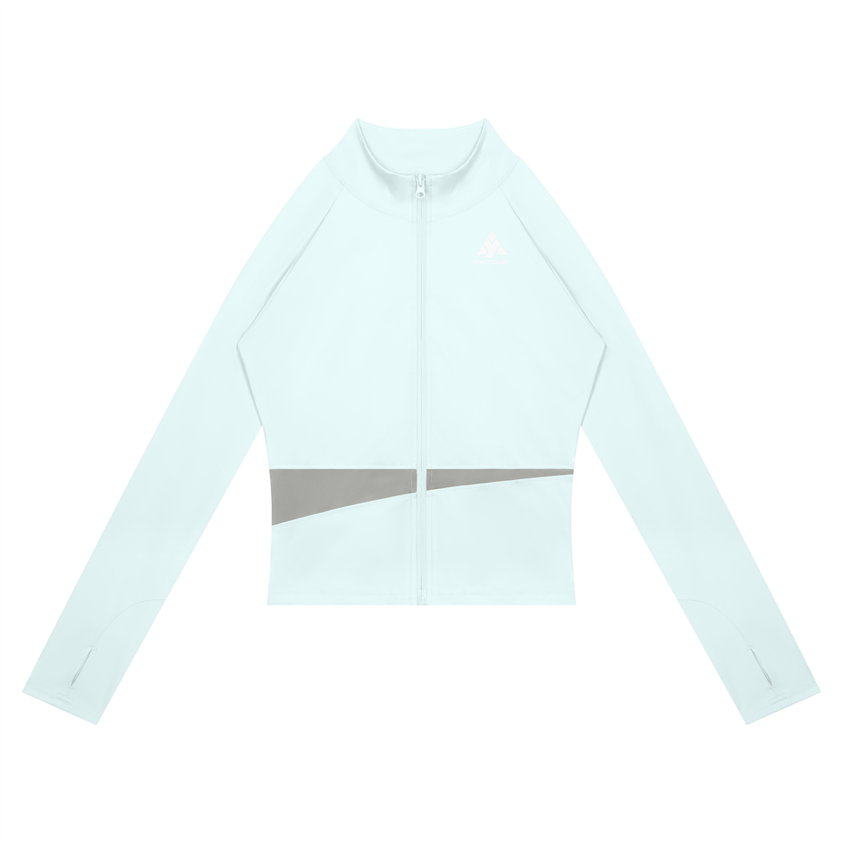 YA TOUR Women's Paneled Tennis Jacket – Light Blue with Light Gray panel, front flat lay showing stand collar, full-zip closure and YA TOUR logo on chest