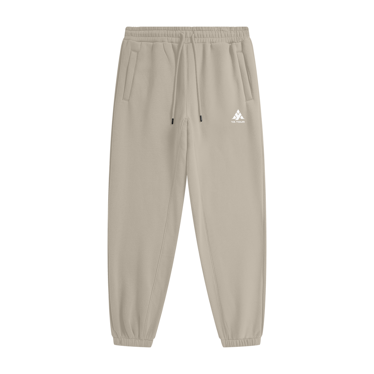 YA TOUR Unisex Heavyweight Fleece Joggers – Gray Apricot, front flat lay showing mid-rise elastic waistband with drawstring, side pockets, tapered cuff and YA TOUR logo
