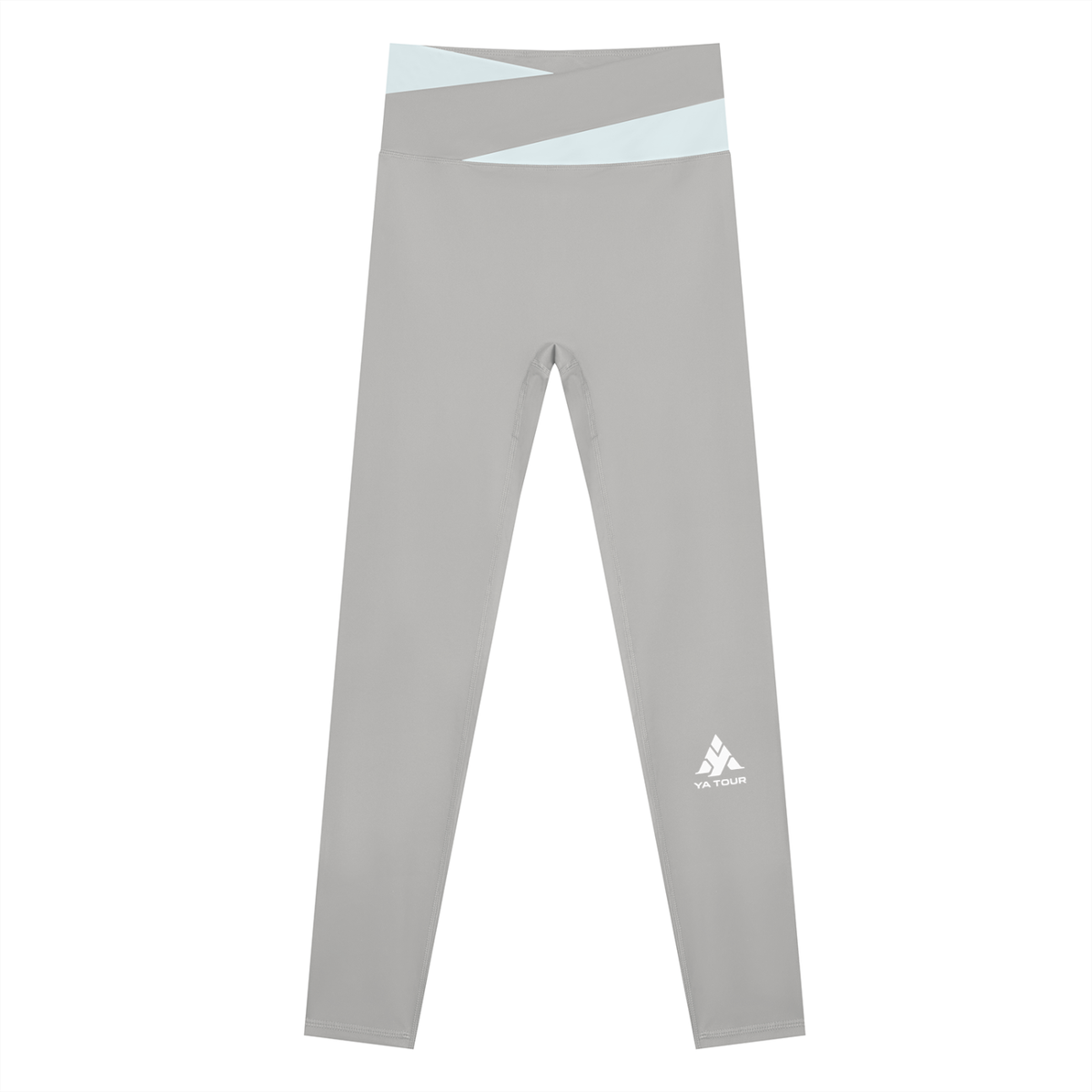 YA TOUR Women's Color Block Tennis Leggings – Light Gray with Light Blue color block waistband, front flat lay showing high-waist design and YA TOUR logo on leg