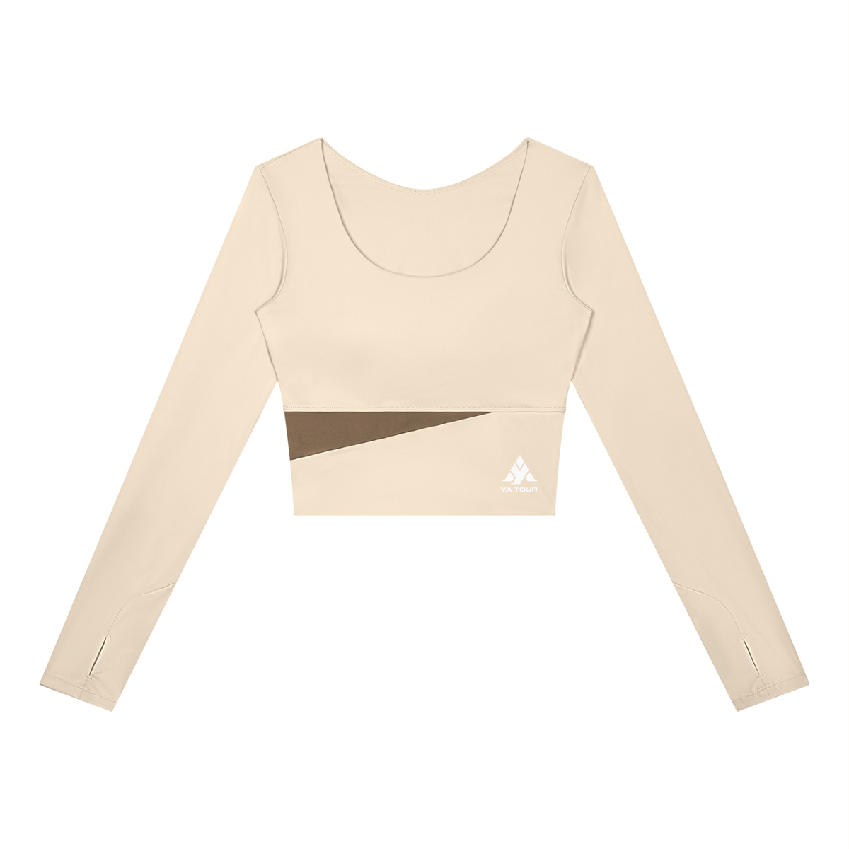 YA TOUR Women's Panelled Long Sleeve Tennis T-Shirt – Apricot with Khaki panel, front flat lay showing U-neck, thumb hole cuffs and YA TOUR logo