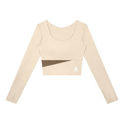 YA TOUR Women's Panelled Long Sleeve Tennis T-Shirt – Apricot with Khaki panel, front flat lay showing U-neck, thumb hole cuffs and YA TOUR logo