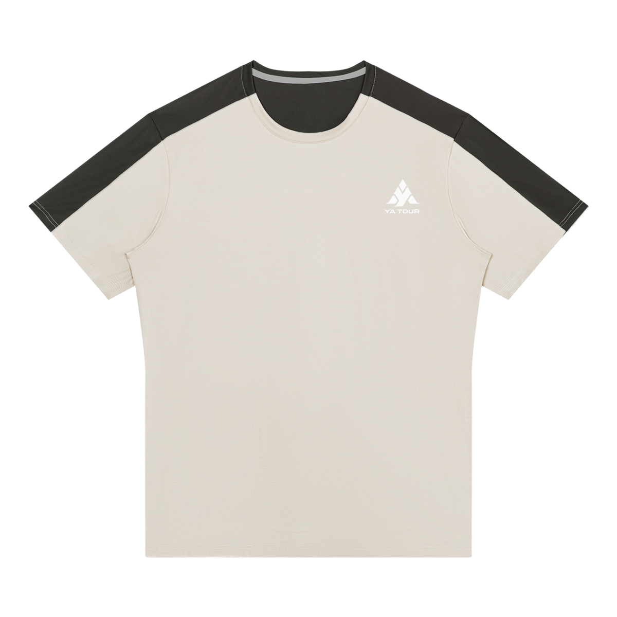 YA TOUR Men's Color Block Performance T-Shirt – Light Gray / Dark Gray, front flat lay showing crew neck, short sleeves with contrast color block panels and YA TOUR logo on chest