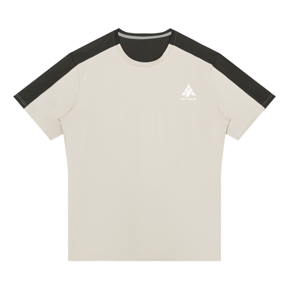 YA TOUR Men's Color Block Performance T-Shirt – Light Gray / Dark Gray, front flat lay showing crew neck, short sleeves with contrast color block panels and YA TOUR logo on chest