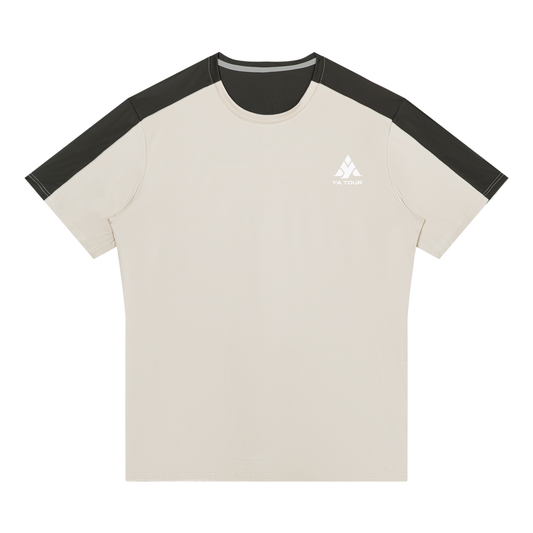 YA TOUR Men's Color Block Performance T-Shirt – Light Gray / Dark Gray, front flat lay showing crew neck, short sleeves with contrast color block panels and YA TOUR logo on chest