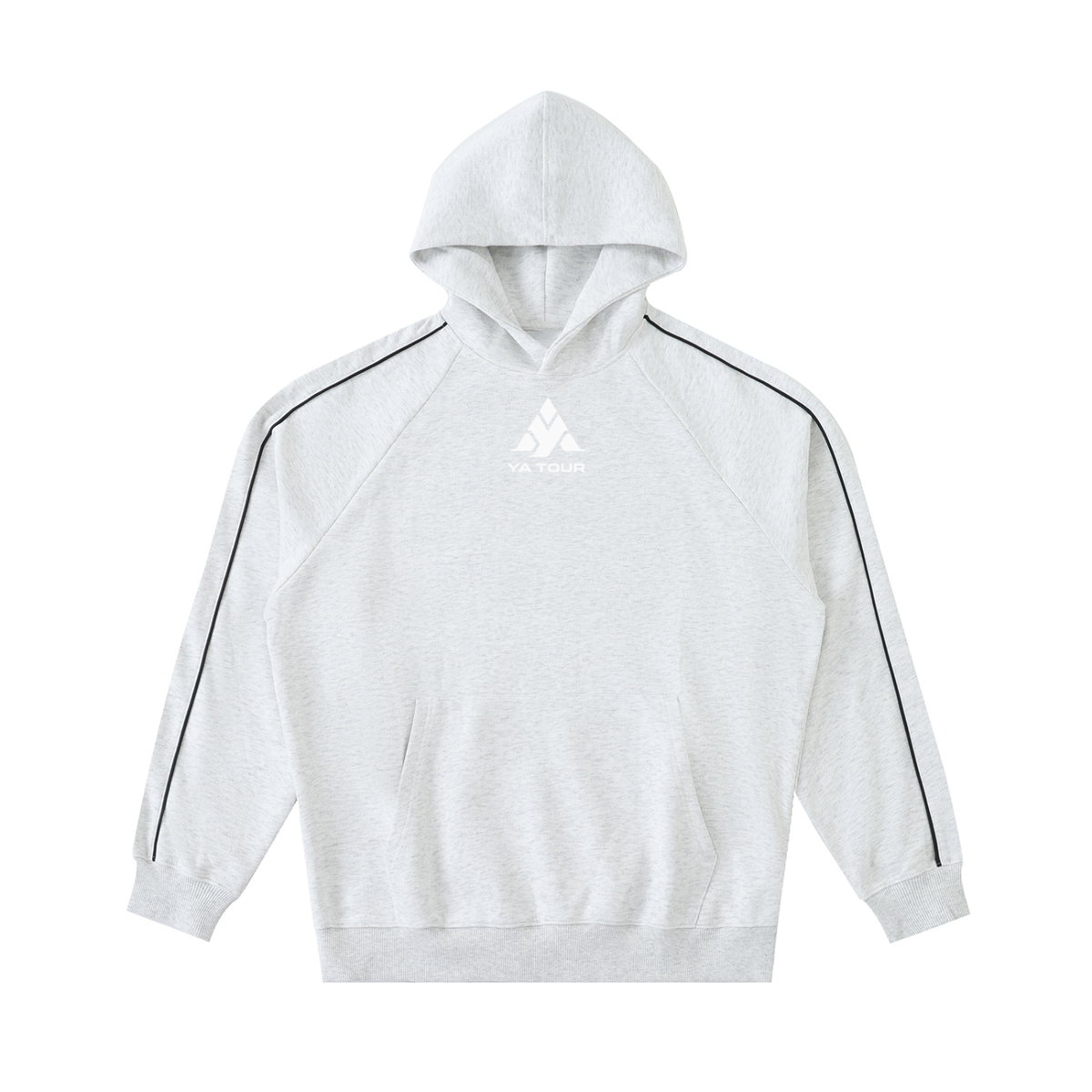 YA TOUR Contrast Piping Raglan Hoodie white gray — front view with contrast piping on raglan sleeves and YA TOUR logo on chest