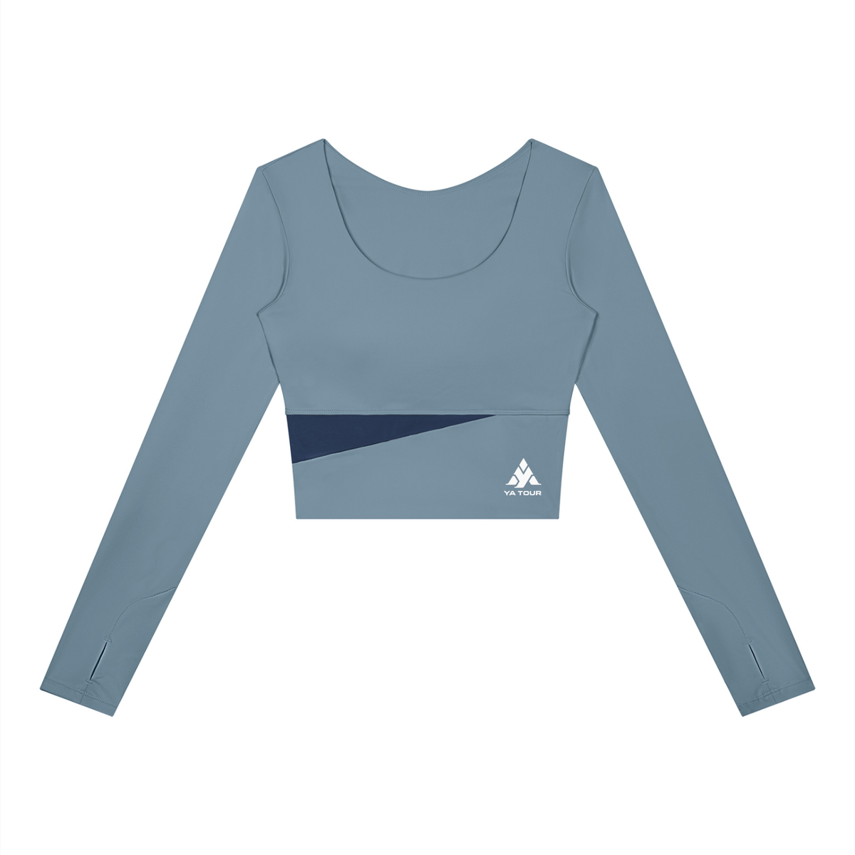 YA TOUR Women's Panelled Long Sleeve Tennis T-Shirt – Gray Blue with Navy Blue panel, front flat lay showing U-neck, thumb hole cuffs and YA TOUR logo