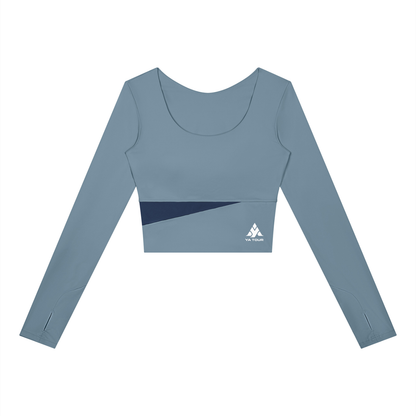 YA TOUR Women's Panelled Long Sleeve Tennis T-Shirt – Gray Blue with Navy Blue panel, front flat lay showing U-neck, thumb hole cuffs and YA TOUR logo