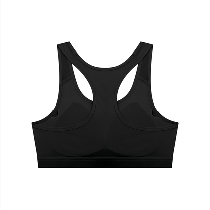 YA TOUR Women's Cropped Sports Bra in Black — detail view, lightweight performance fabric