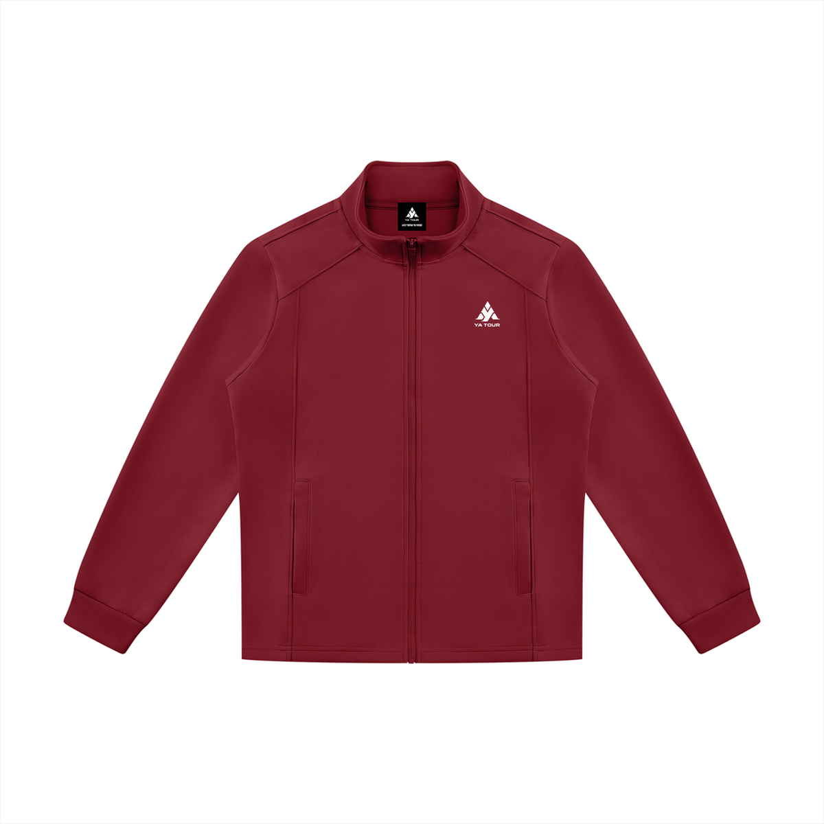 YA TOUR Unisex Stand Collar Track Jacket – Red, back flat lay showing clean H-line silhouette and ribbed hem with logo YA TOUR