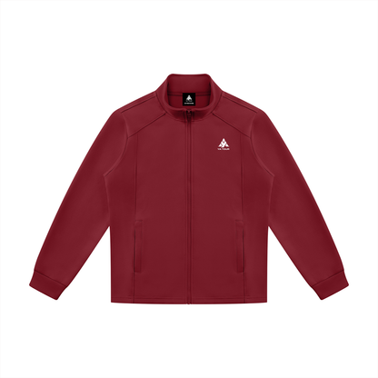 YA TOUR Unisex Stand Collar Track Jacket – Red, back flat lay showing clean H-line silhouette and ribbed hem with logo YA TOUR
