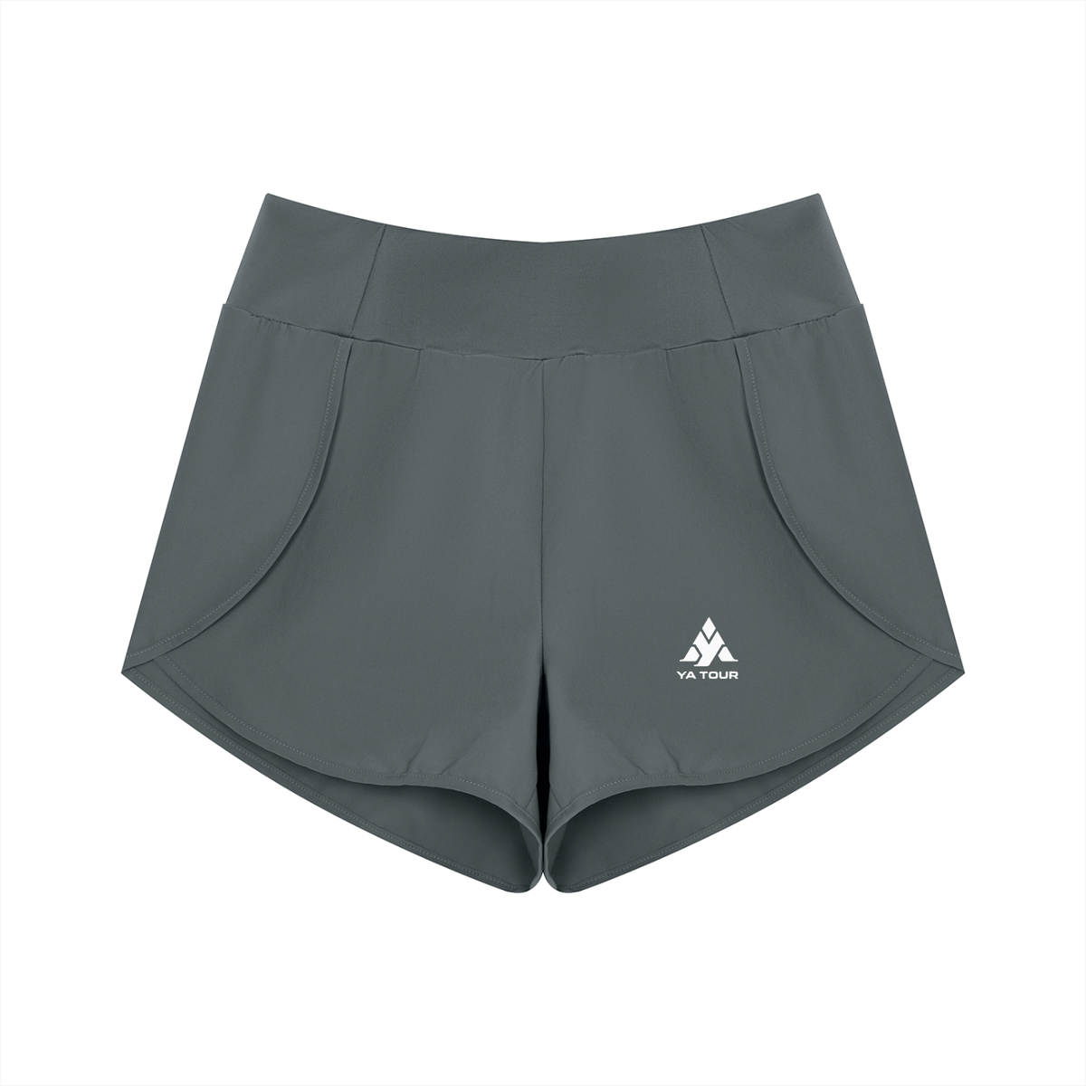 YA TOUR Women's High Rise Shorts dark gray — front view with YA TOUR logo and wide high waistband