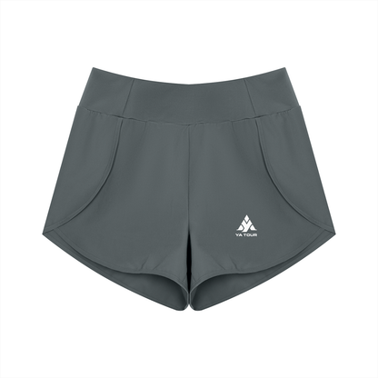YA TOUR Women's High Rise Shorts dark gray — front view with YA TOUR logo and wide high waistband