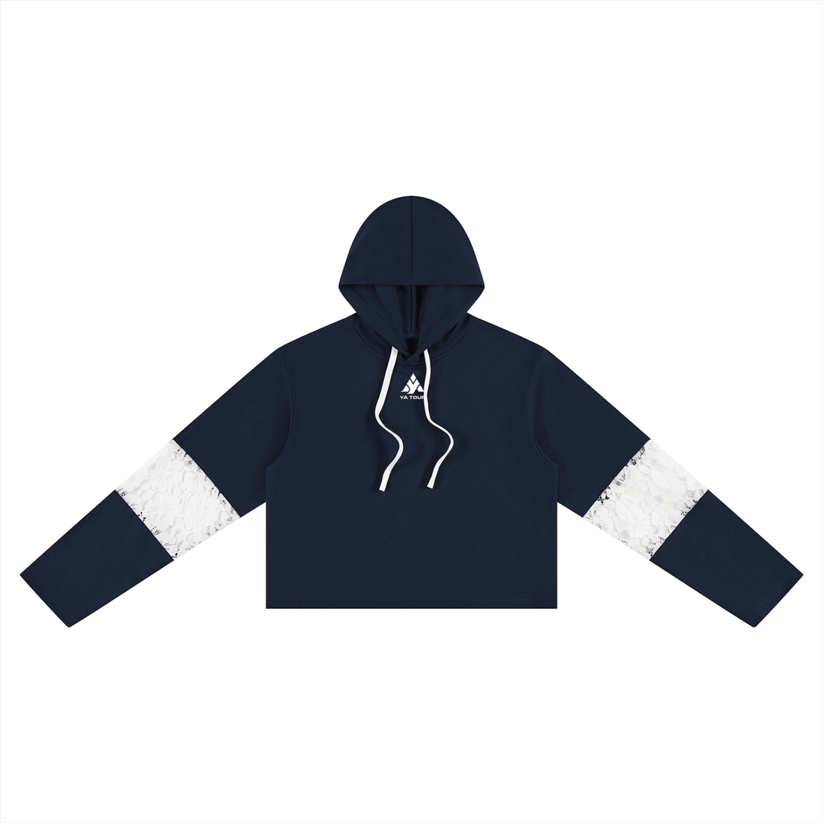 YA TOUR Women's Cropped Lace-Panel Hoodie – Navy Blue, front flat lay showing cropped boxy silhouette, lace panel on sleeve, drawstring hood and straight hem
